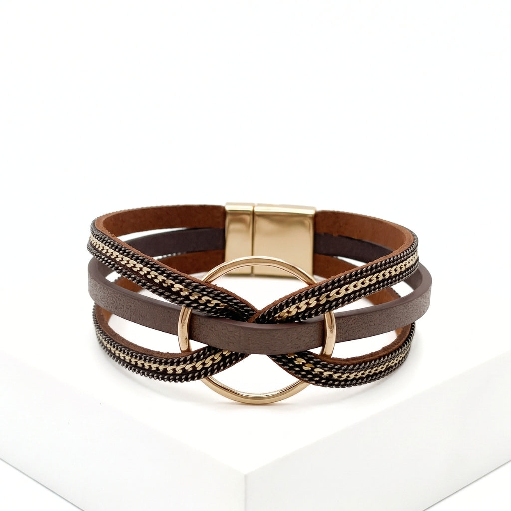 Boho Multi-Strand Leather & Gold Cuff | Magnetic Bracelet