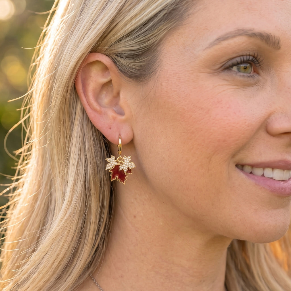 Gold & Red Sparkling Maple Leaf Huggie Hoops | Earrings