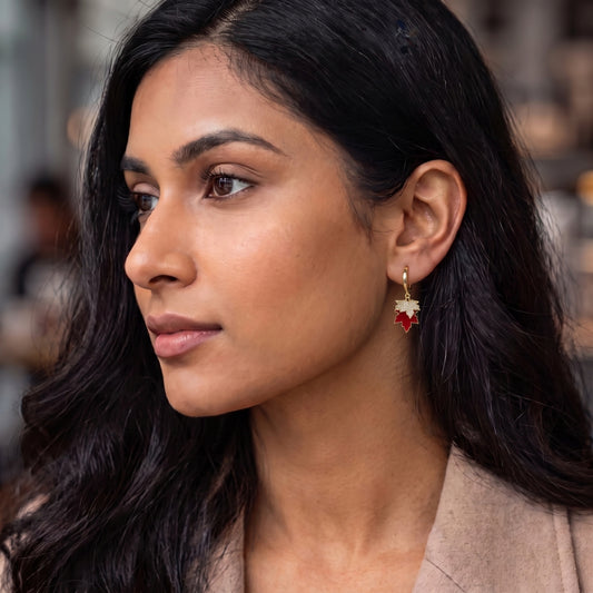 Gold & Red Sparkling Maple Leaf Huggie Hoops | Earrings
