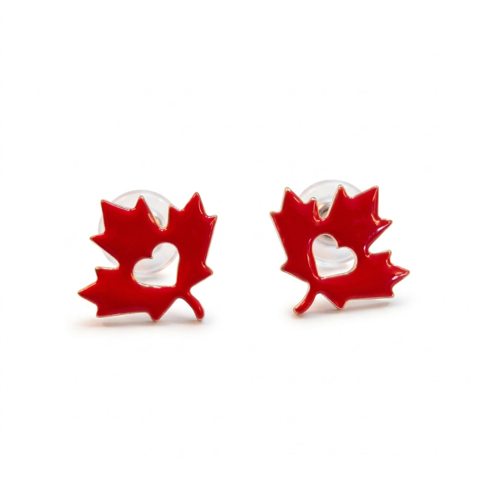 Maple Leaf Red Enamel Heart Silhouette Studs | Earrings
