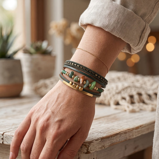 Sage Green Layered Leather & Stone | Magnetic Bracelet