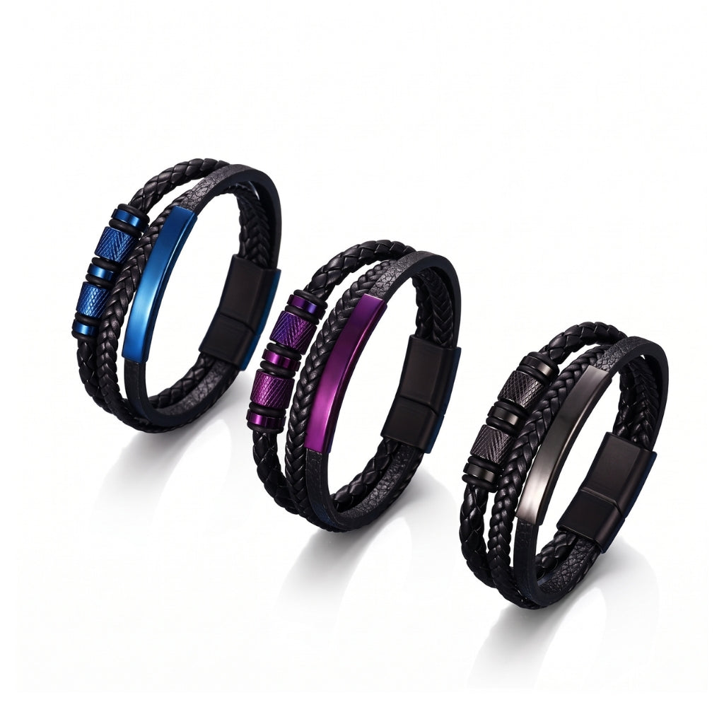 Metallic Purple Steel & Leather | Magnetic Bracelet