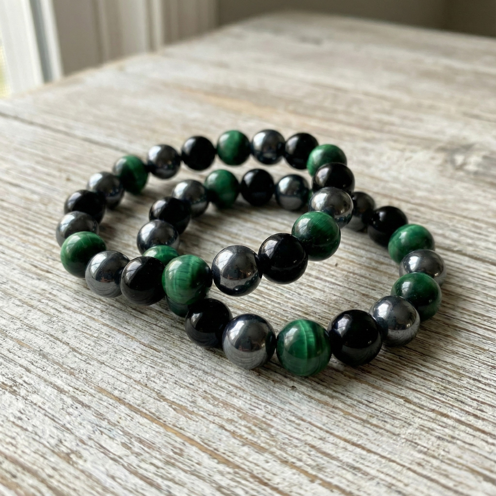 Green Tiger's Eye, Hematite & Black Obsidian | Bracelet