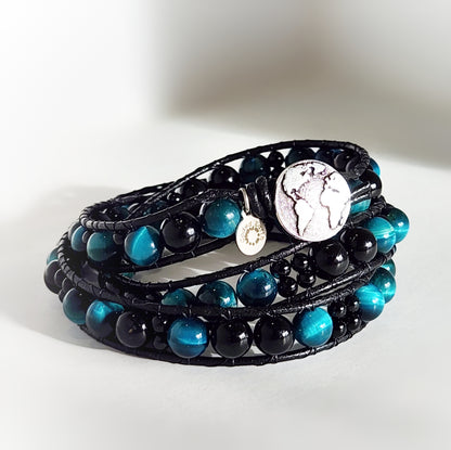 Azure Tiger's Eye & Tourmaline Leather Wrap Bracelet