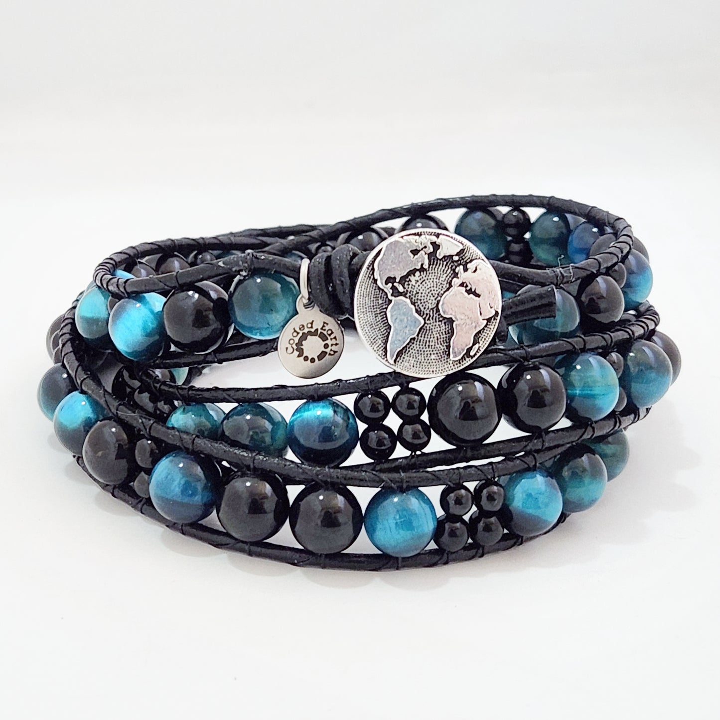 Azure Tiger's Eye & Tourmaline Leather Wrap Bracelet