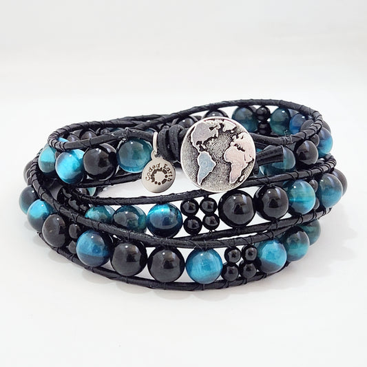 Azure Tiger's Eye & Tourmaline Leather Wrap Bracelet