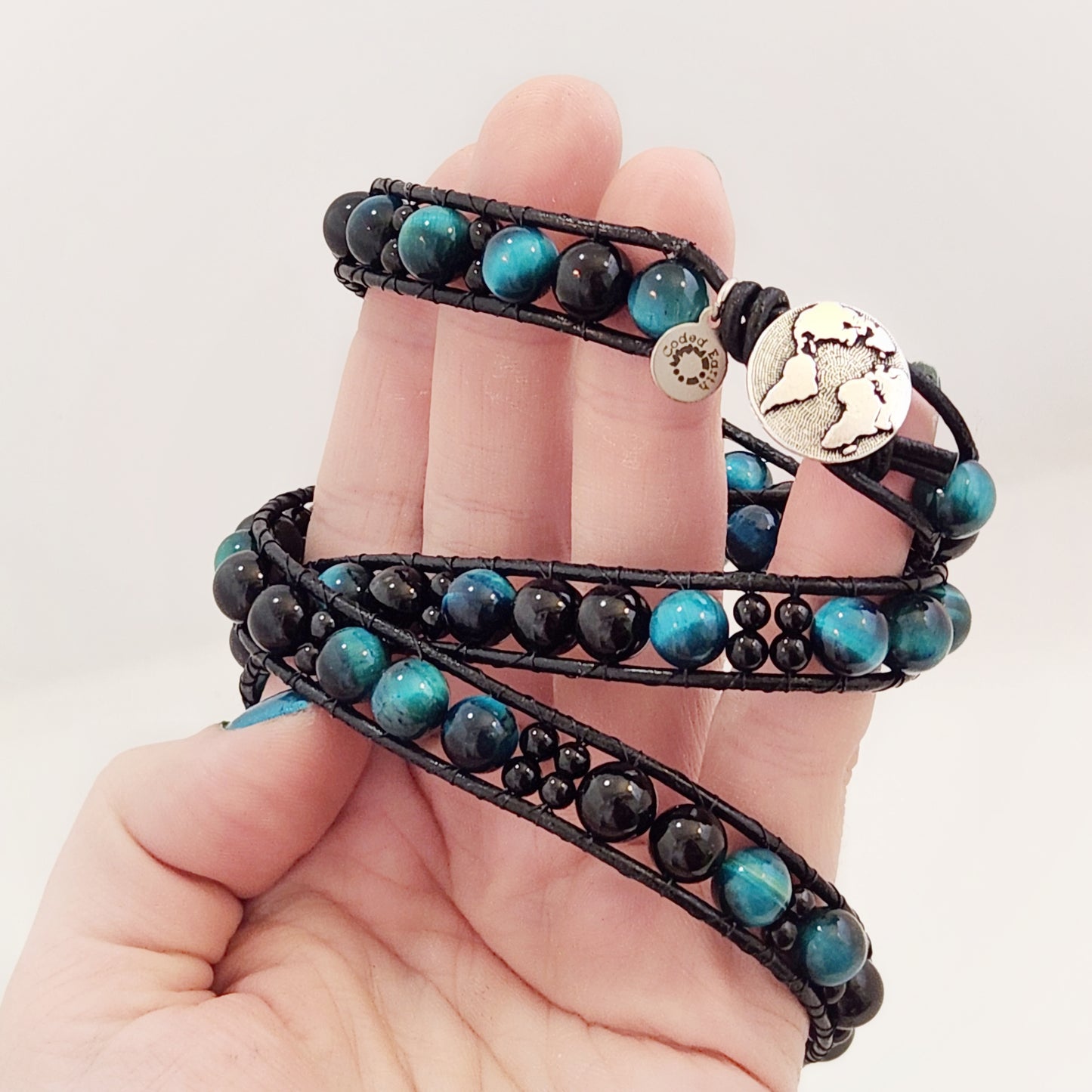 Azure Tiger's Eye & Tourmaline Leather Wrap Bracelet