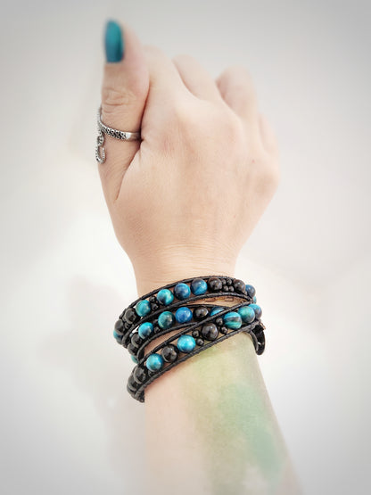 Azure Tiger's Eye & Tourmaline Leather Wrap Bracelet