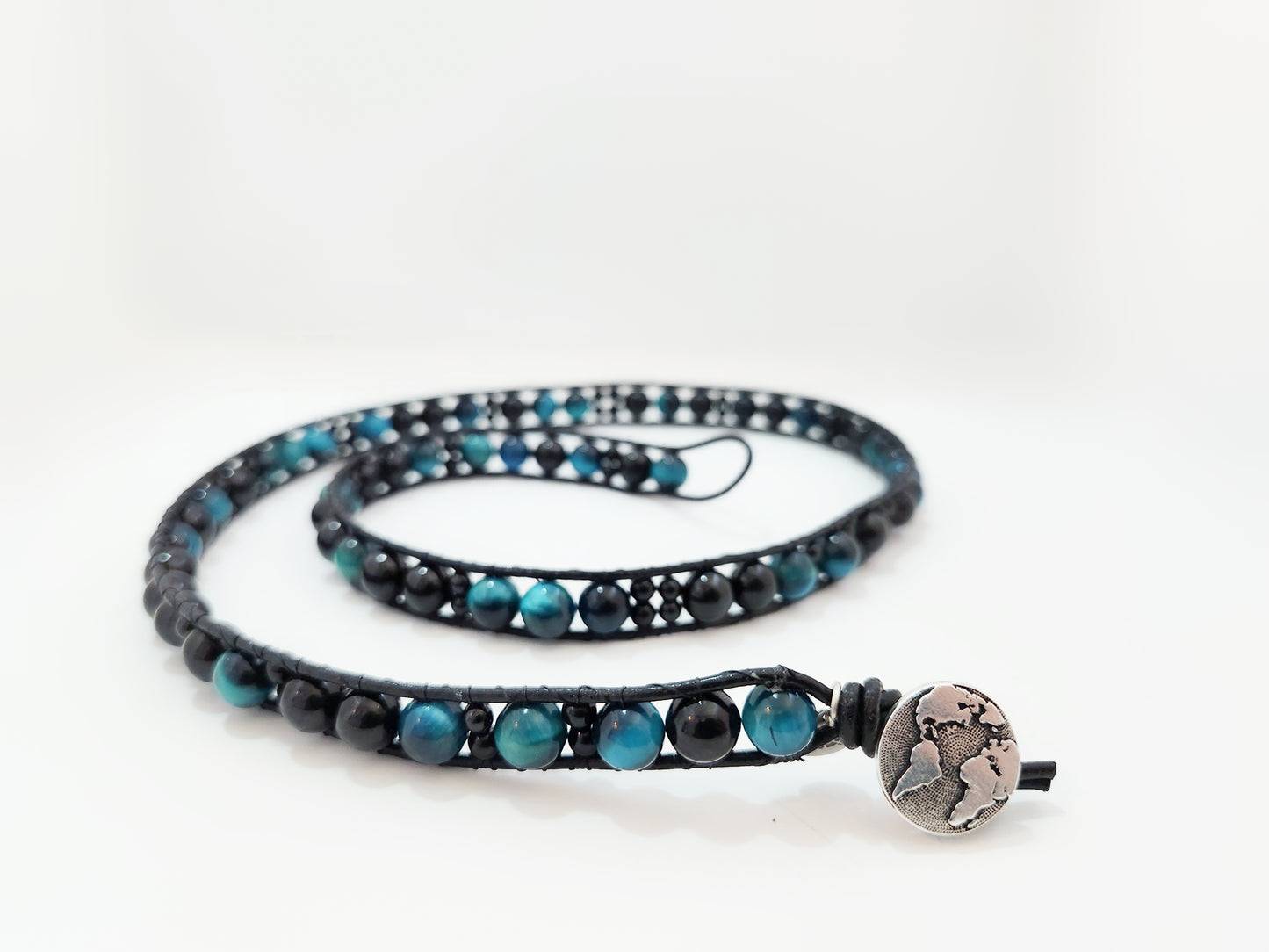 Azure Tiger's Eye & Tourmaline Leather Wrap Bracelet