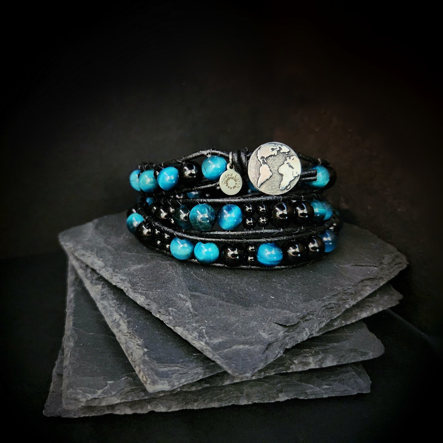 Azure Tiger's Eye & Tourmaline Leather Wrap Bracelet