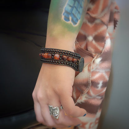 Tiger's Eye & Fire Leather Bracelet
