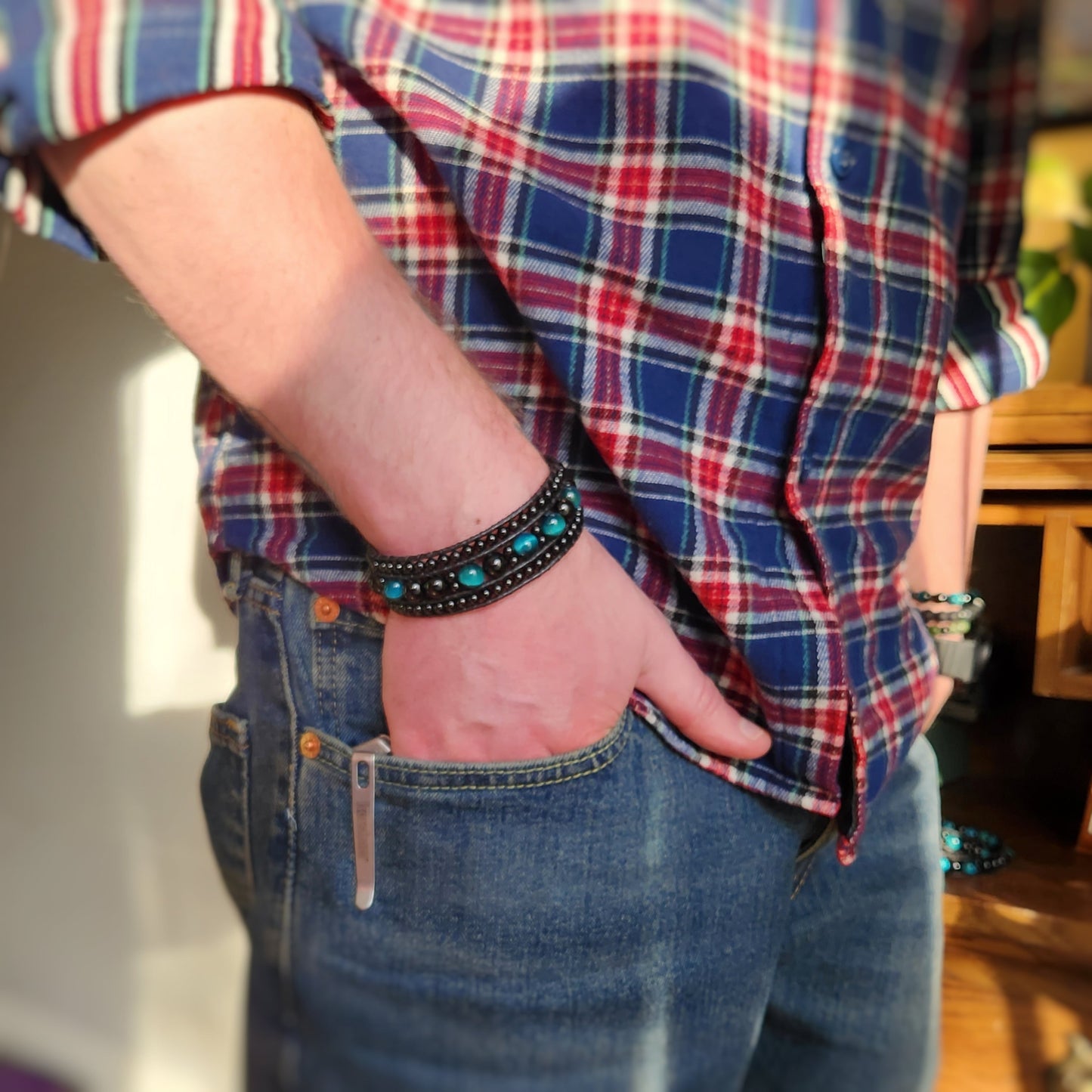 Azure Tiger's Eye & Tourmaline Black Leather Cuff Bracelet