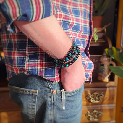 Azure Tiger's Eye & Tourmaline Leather Wrap Bracelet