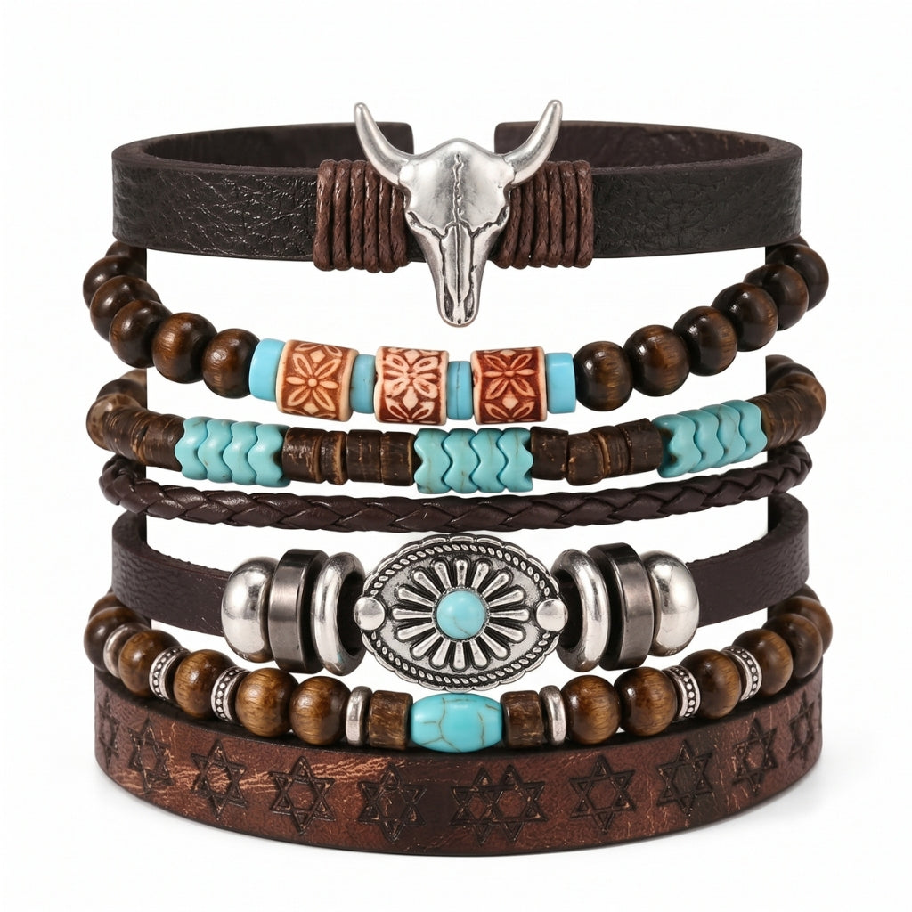 6-Piece Boho Brown Leather & Turquoise Bead | Bracelet Set