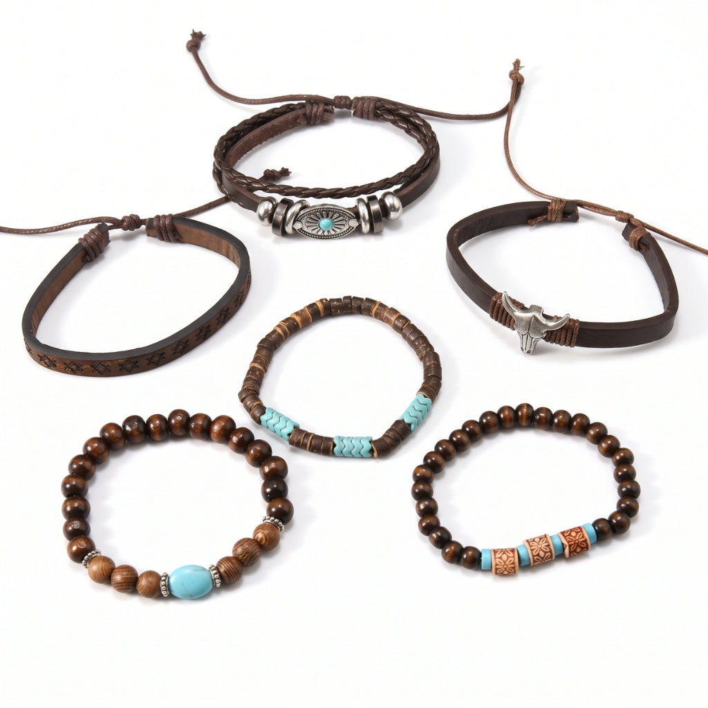6-Piece Boho Brown Leather & Turquoise Bead | Bracelet Set