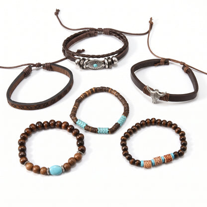 6-Piece Boho Brown Leather & Turquoise Bead | Bracelet Set