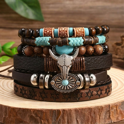 6-Piece Boho Brown Leather & Turquoise Bead | Bracelet Set