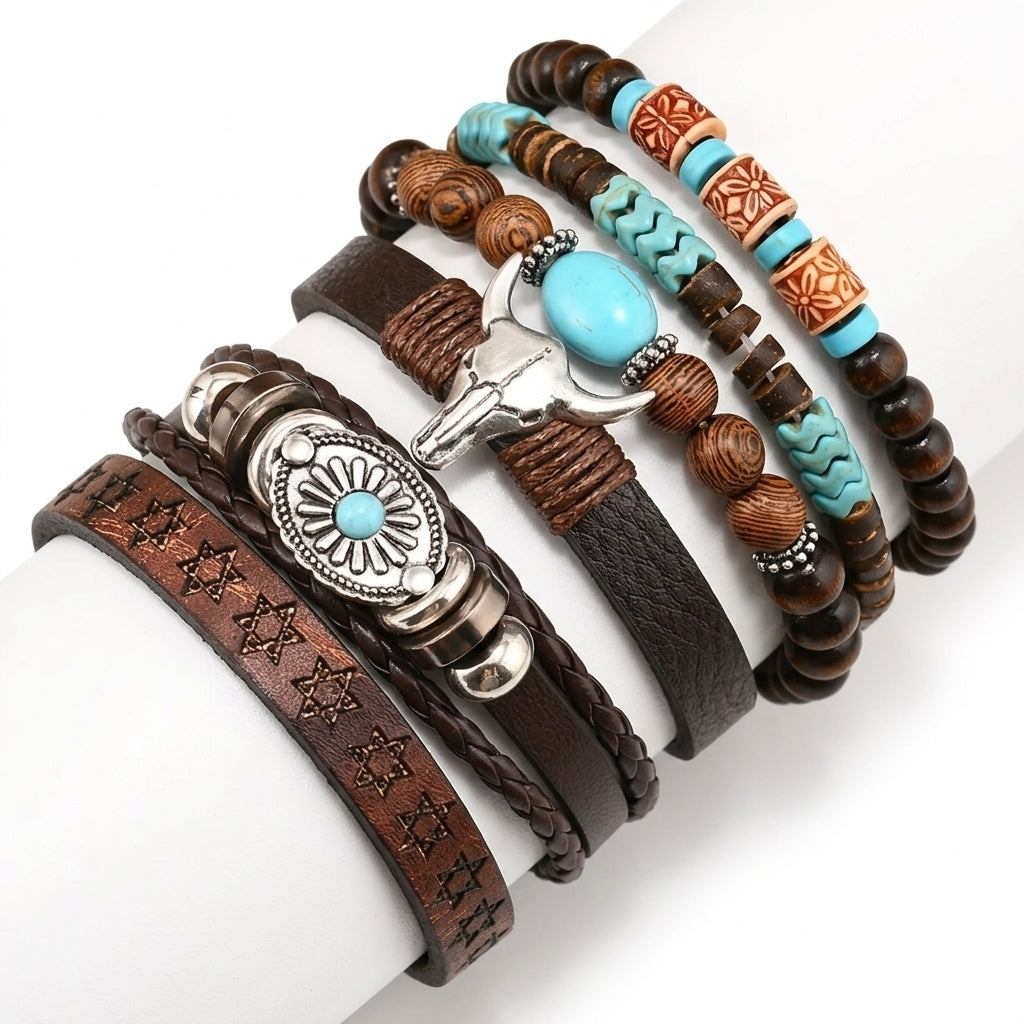 6-Piece Boho Brown Leather & Turquoise Bead | Bracelet Set