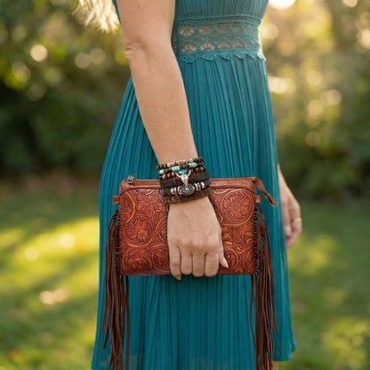 6-Piece Boho Brown Leather & Turquoise Bead | Bracelet Set