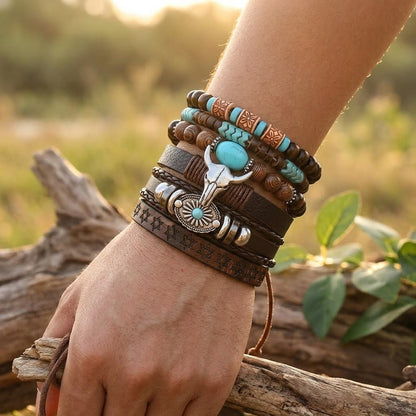 6-Piece Boho Brown Leather & Turquoise Bead | Bracelet Set