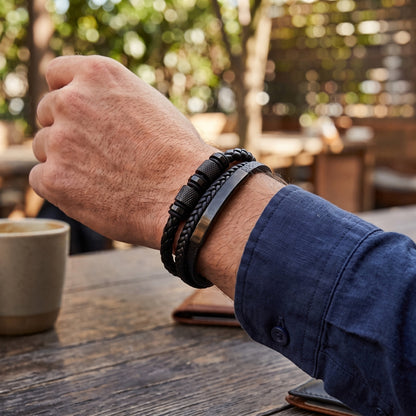 Black Steel & Leather | Magnetic Bracelet