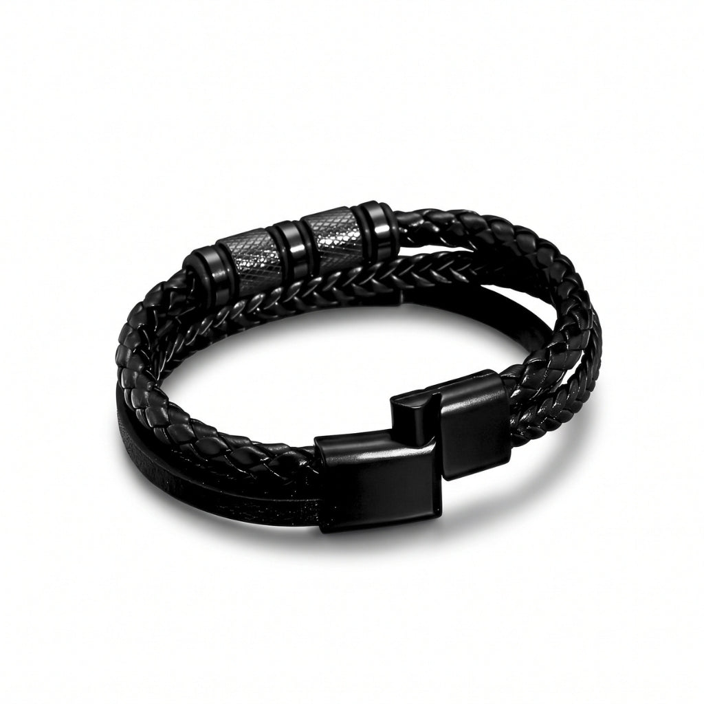 Black Steel & Leather | Magnetic Bracelet