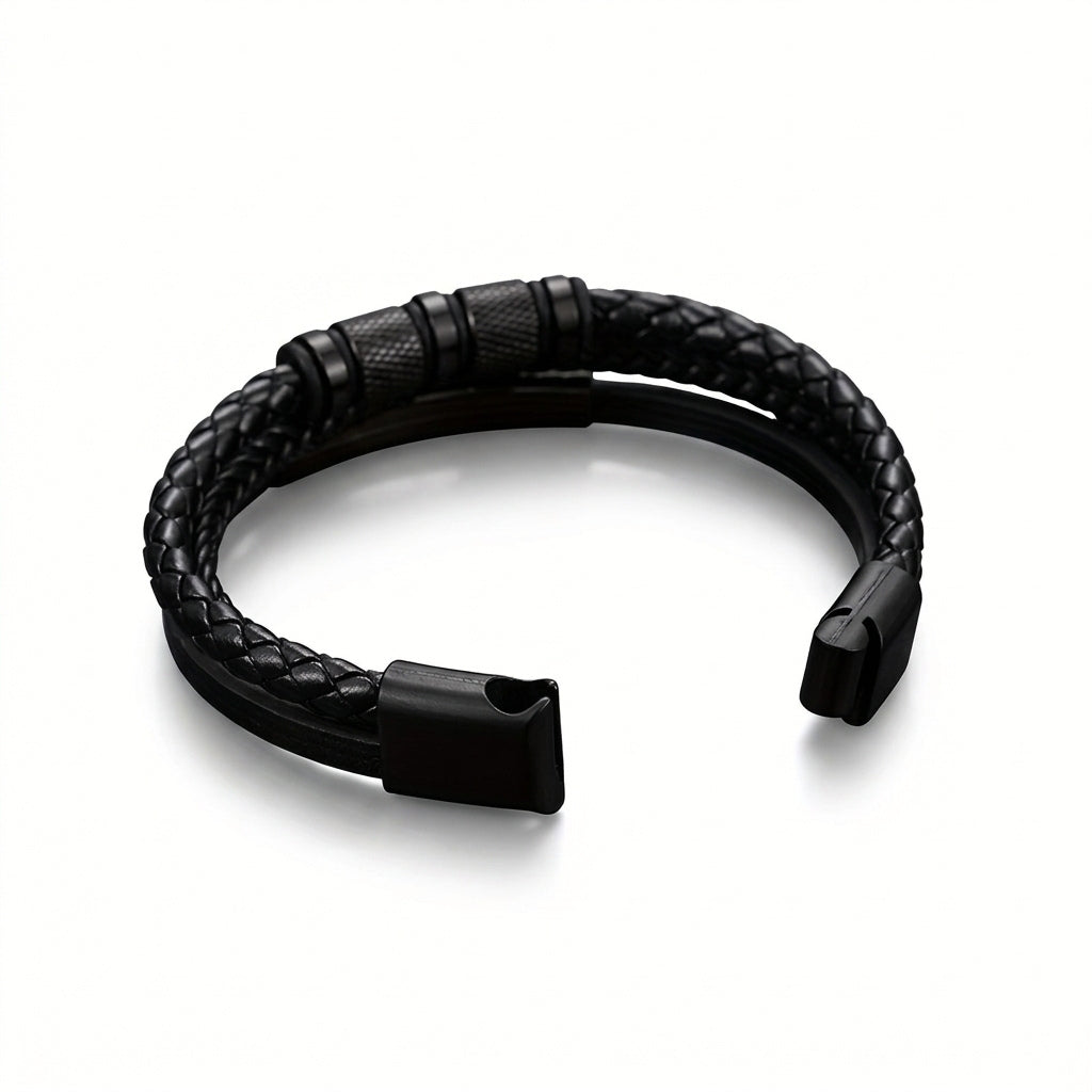 Black Steel & Leather | Magnetic Bracelet