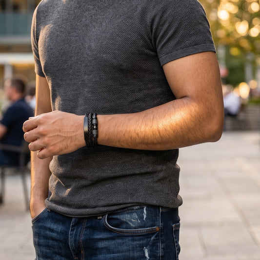 Black Steel & Leather | Magnetic Bracelet