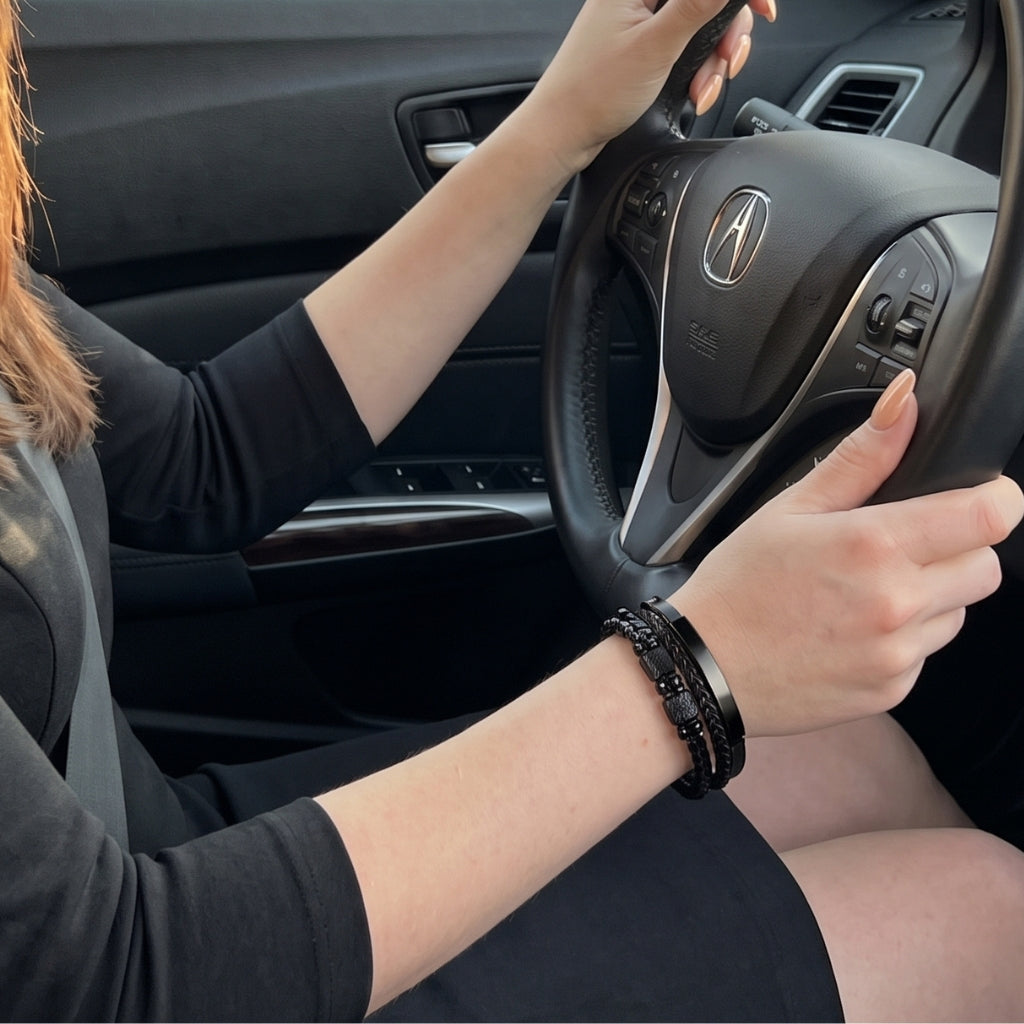 Black Steel & Leather | Magnetic Bracelet
