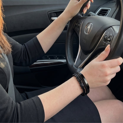 Black Steel & Leather | Magnetic Bracelet
