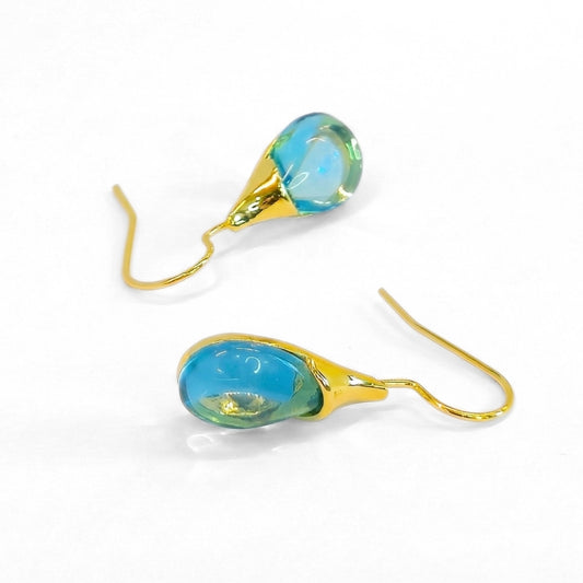 Blue Glass Teardrops in Gold Tone | Earrings
