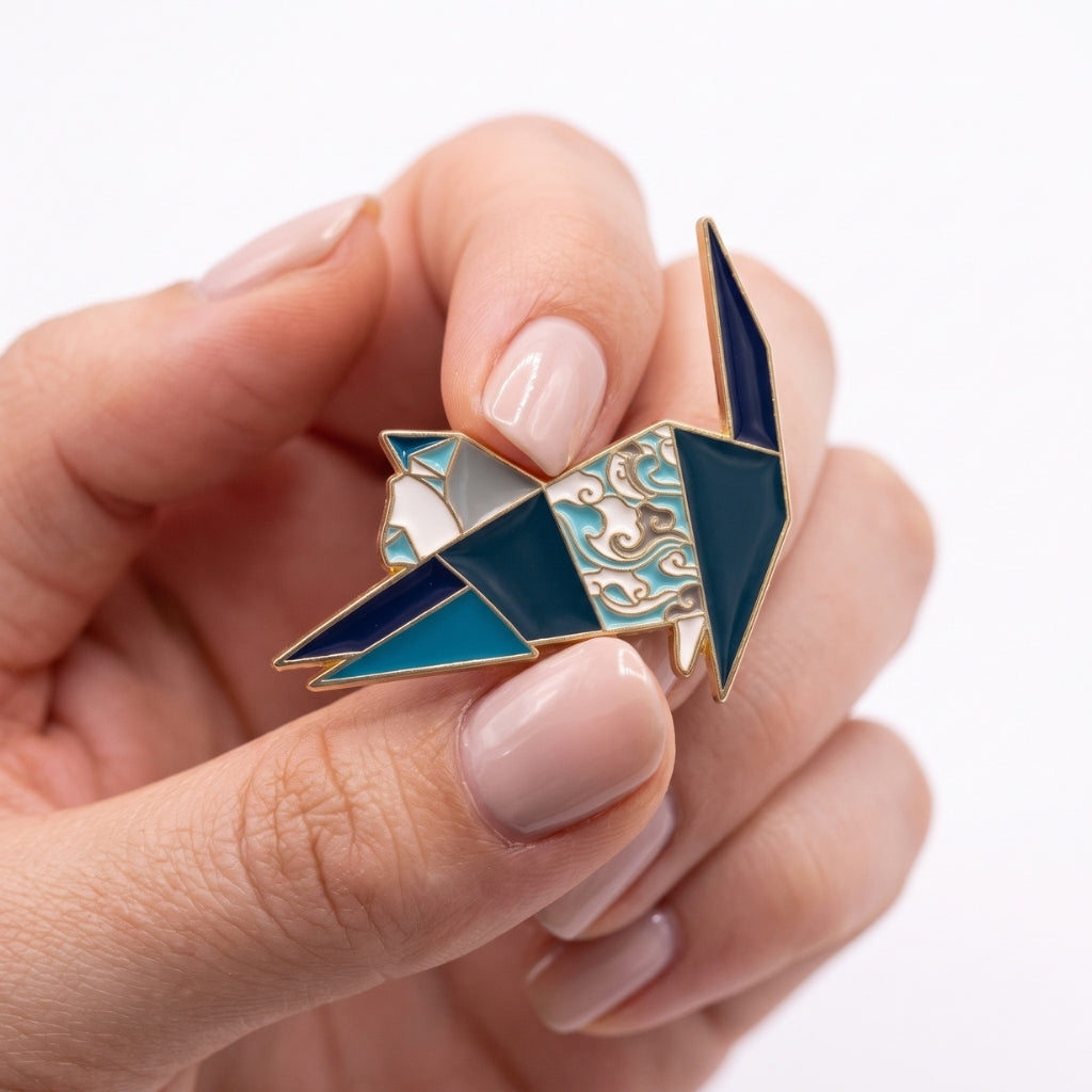 Blue Floral Origami Cat | Collectible Pin