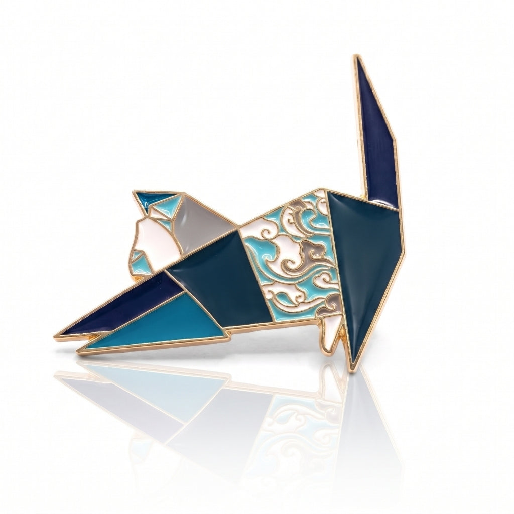Blue Floral Origami Cat | Collectible Pin