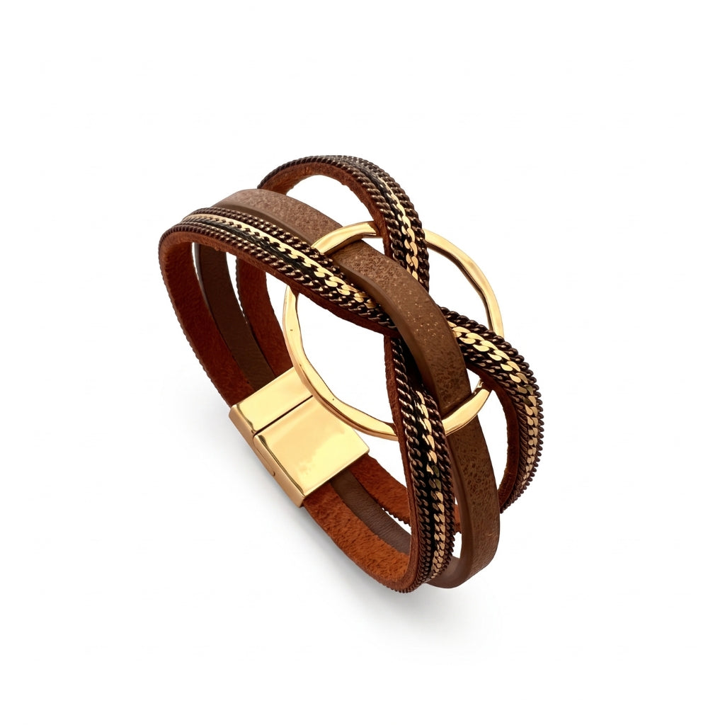Boho Multi-Strand Leather & Gold Cuff | Magnetic Bracelet