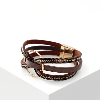 Boho Multi-Strand Leather & Gold Cuff | Magnetic Bracelet