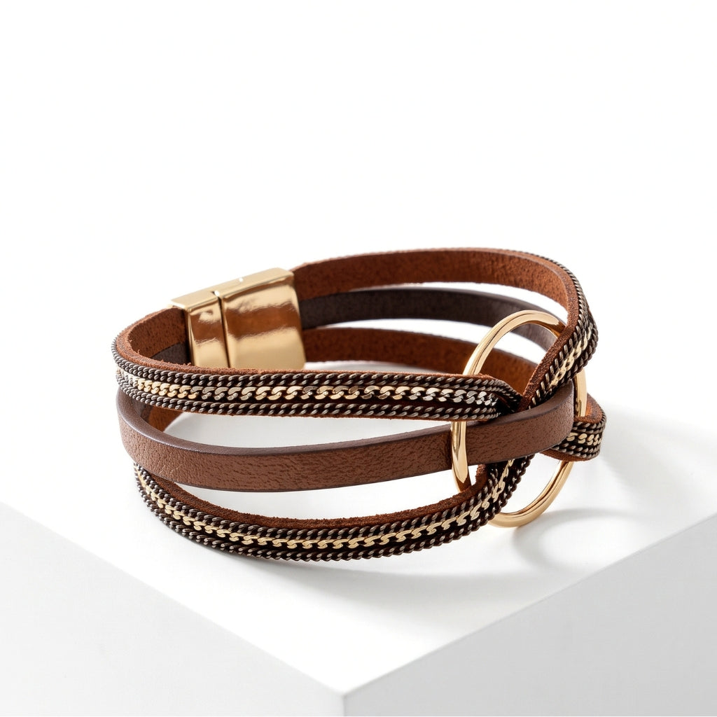 Boho Multi-Strand Leather & Gold Cuff | Magnetic Bracelet