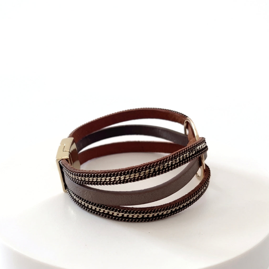 Boho Multi-Strand Leather & Gold Cuff | Magnetic Bracelet