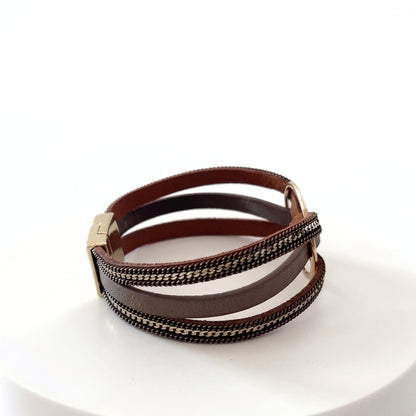 Boho Multi-Strand Leather & Gold Cuff | Magnetic Bracelet