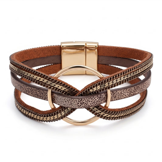 Boho Multi-Strand Leather & Gold Cuff | Magnetic Bracelet