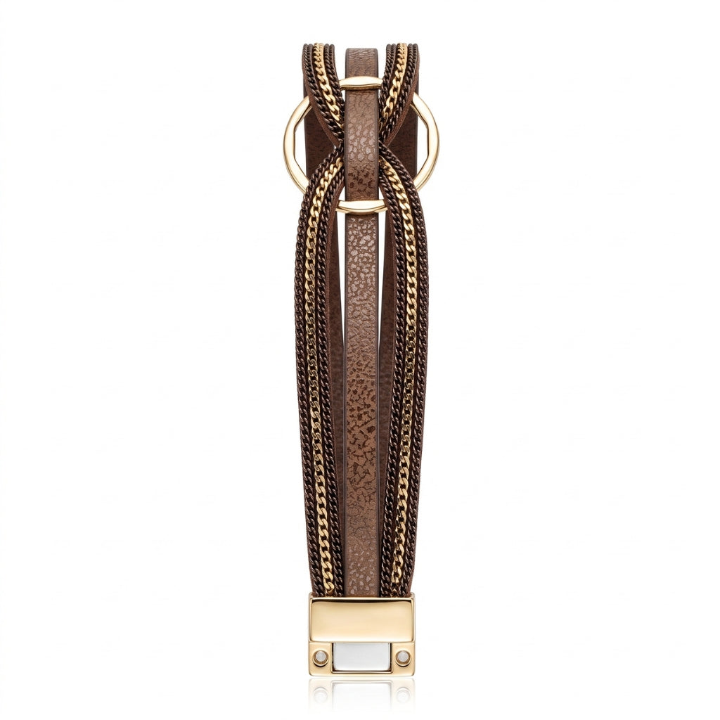 Boho Multi-Strand Leather & Gold Cuff | Magnetic Bracelet