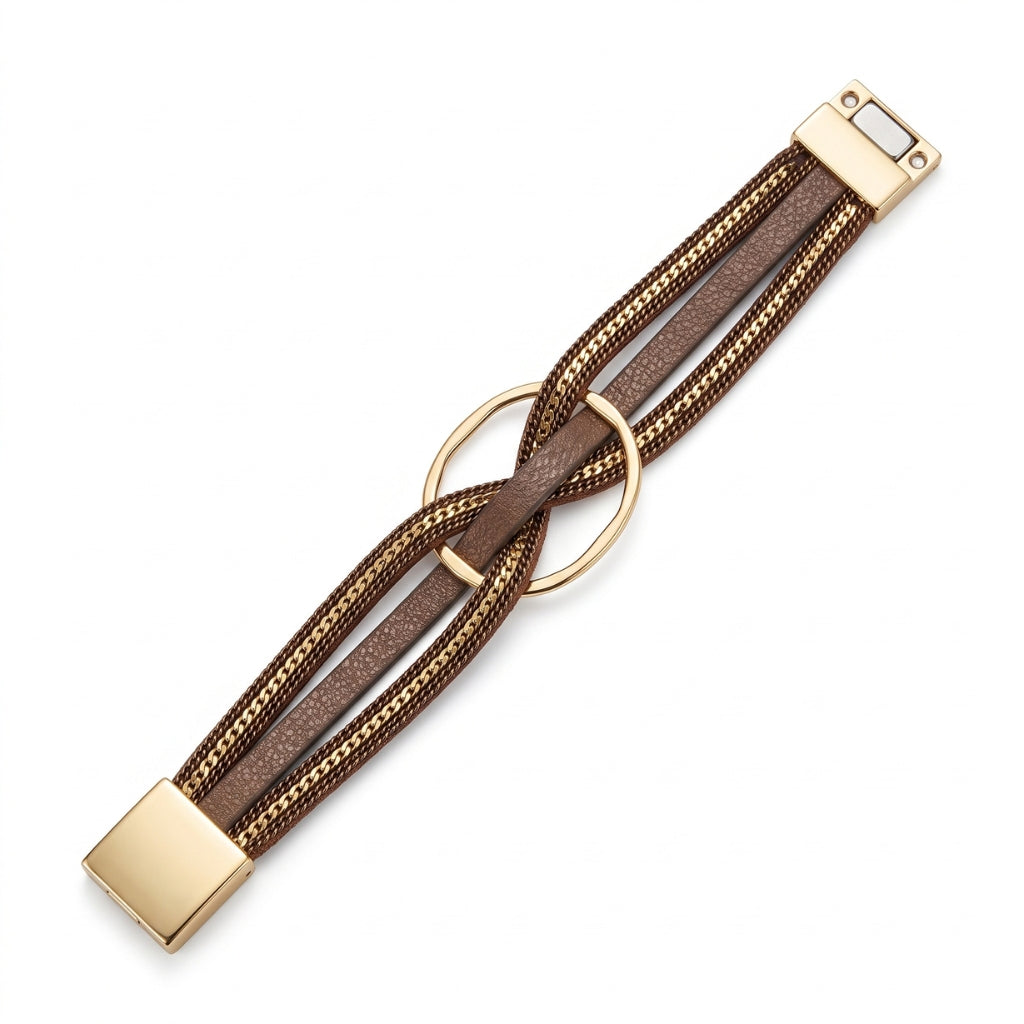 Boho Multi-Strand Leather & Gold Cuff | Magnetic Bracelet