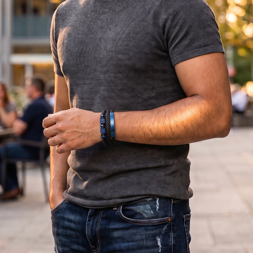 Electric Blue Steel & Leather | Magnetic Bracelet