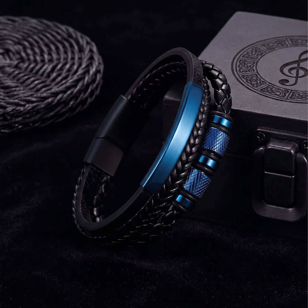 Electric Blue Steel & Leather | Magnetic Bracelet