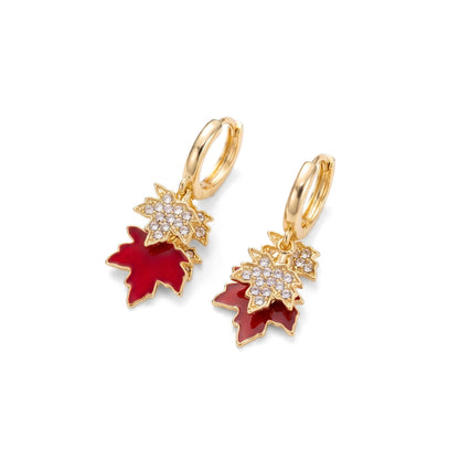 Gold & Red Sparkling Maple Leaf Huggie Hoops | Earrings