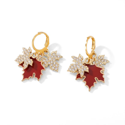 Gold & Red Sparkling Maple Leaf Huggie Hoops | Earrings