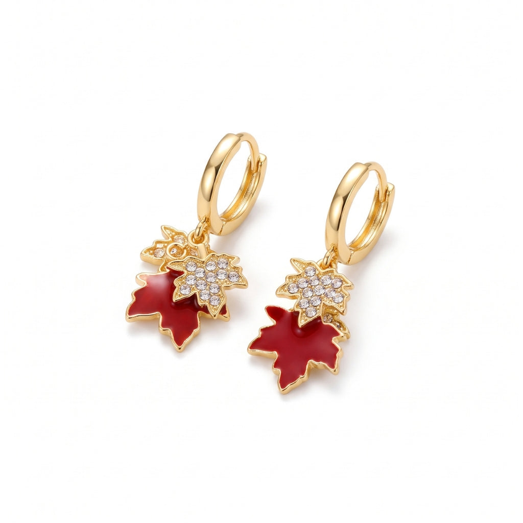 Gold & Red Sparkling Maple Leaf Huggie Hoops | Earrings