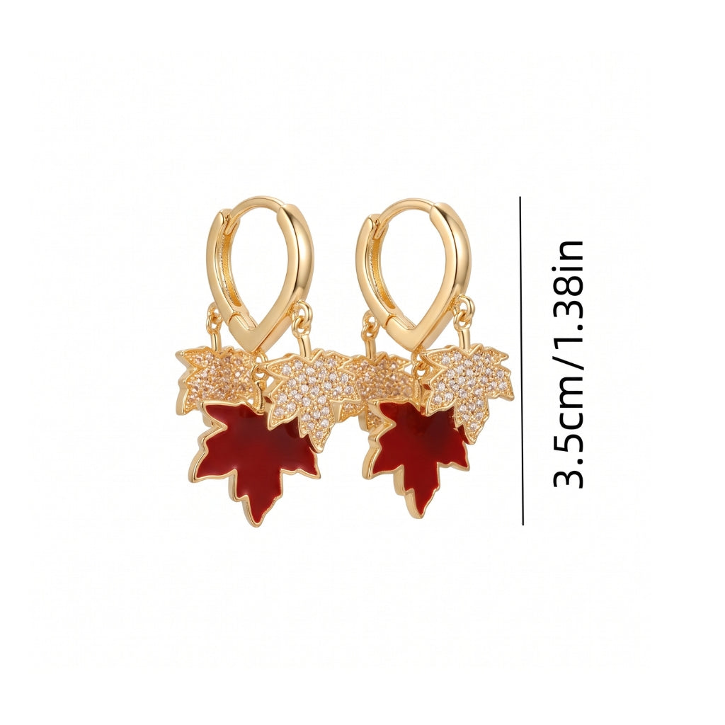 Gold & Red Sparkling Maple Leaf Huggie Hoops | Earrings