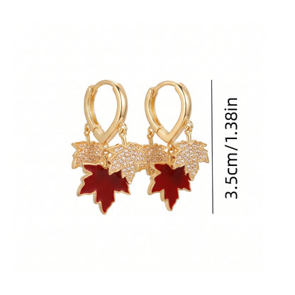 Gold & Red Sparkling Maple Leaf Huggie Hoops | Earrings