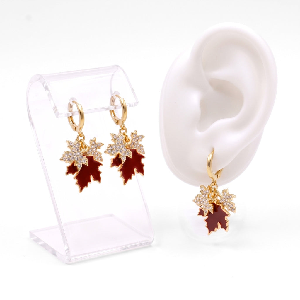 Gold & Red Sparkling Maple Leaf Huggie Hoops | Earrings
