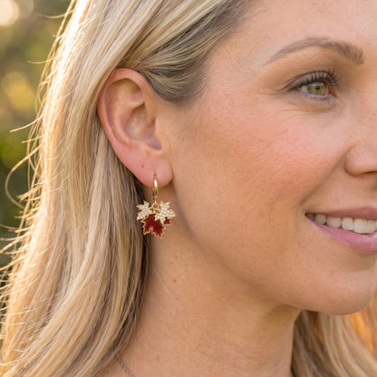 Gold & Red Sparkling Maple Leaf Huggie Hoops | Earrings